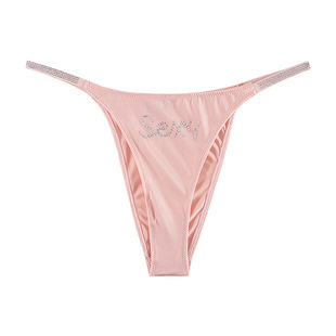 字母烫钻性感细带半包臀丁字裤 女低腰薄款 透气冰丝瑜伽女士内裤