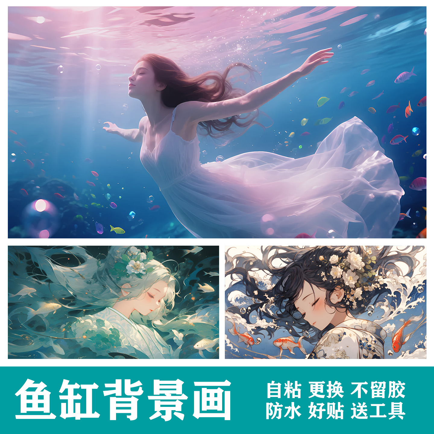 新款水草鱼缸背景装饰画水下世界少女贴纸造景自粘防水墙贴画贴膜图片