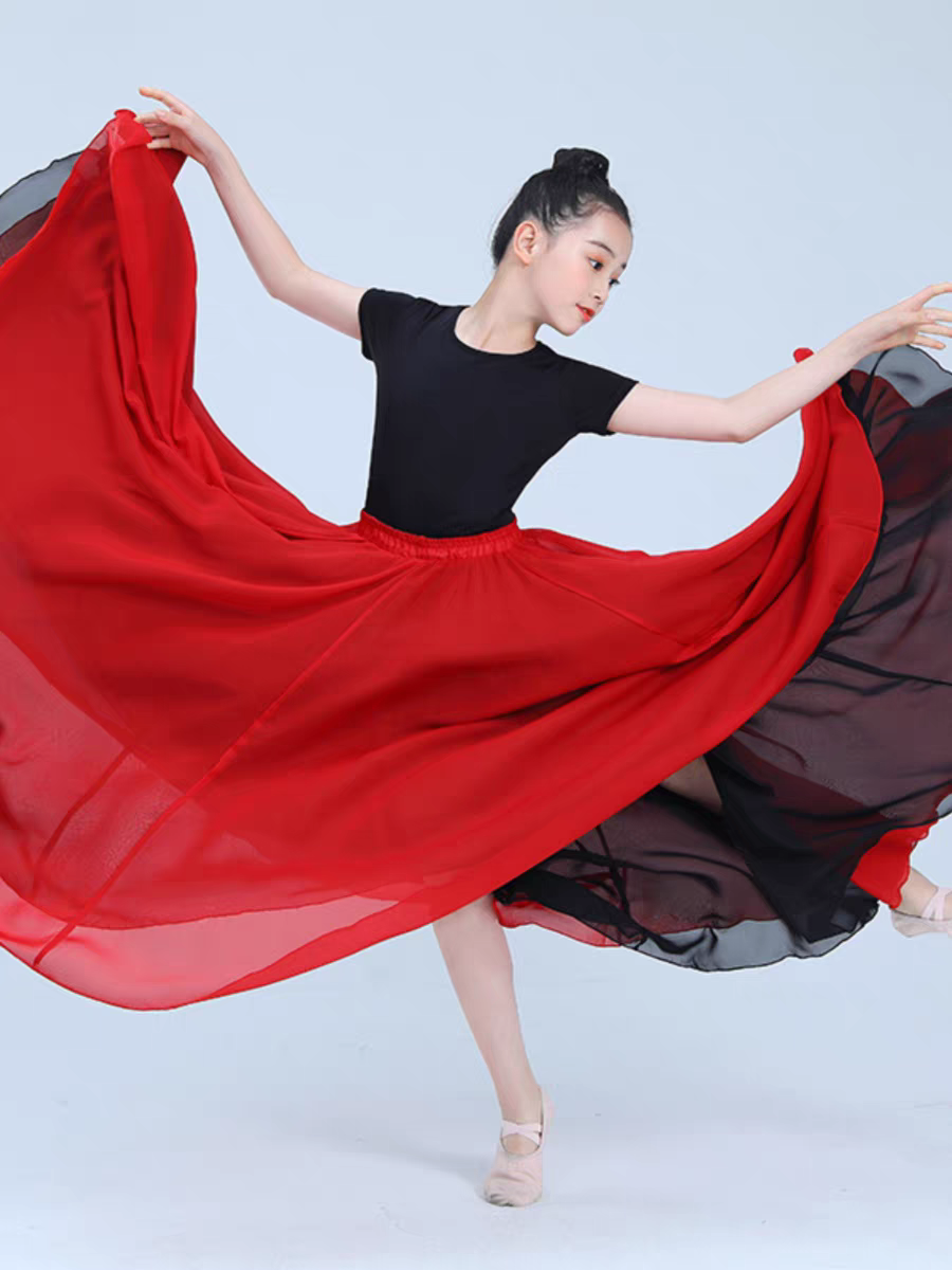 儿童舞蹈练习裙720度双面穿雪纺半身裙古典舞加绒上衣女童大摆裙