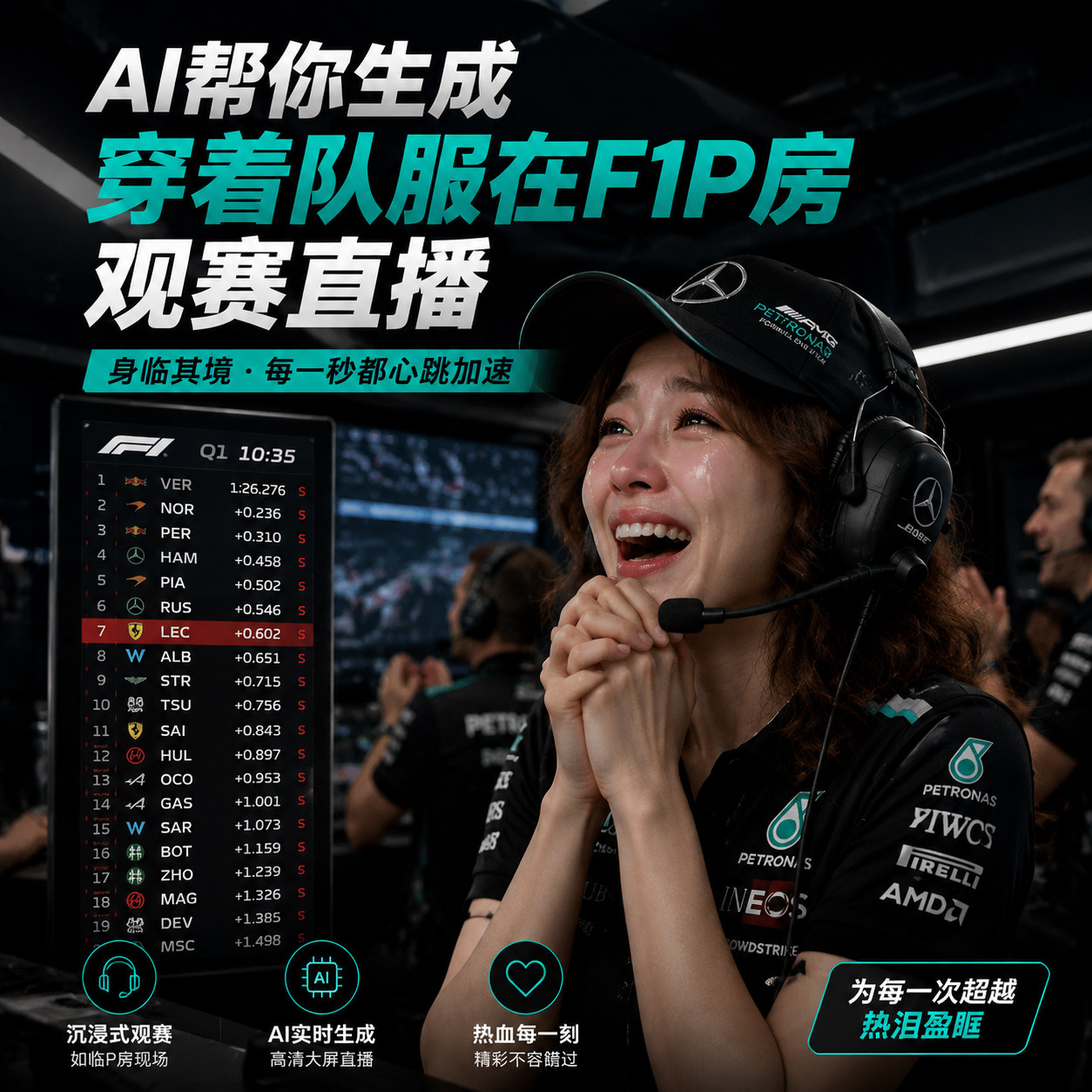 AI生成迈凯伦赛车F1P房直播大屏穿队服观赛定制视频真人照片设计