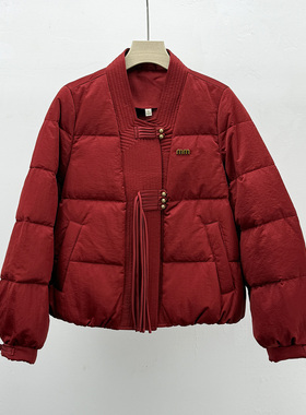 商场同款F25D962中国风红色短款棉服女宽松V领拉链保暖外套通勤冬