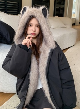 黑色麂皮绒毛领棉服厚外套女2025冬装新款超好看复古座山雕夹棉衣