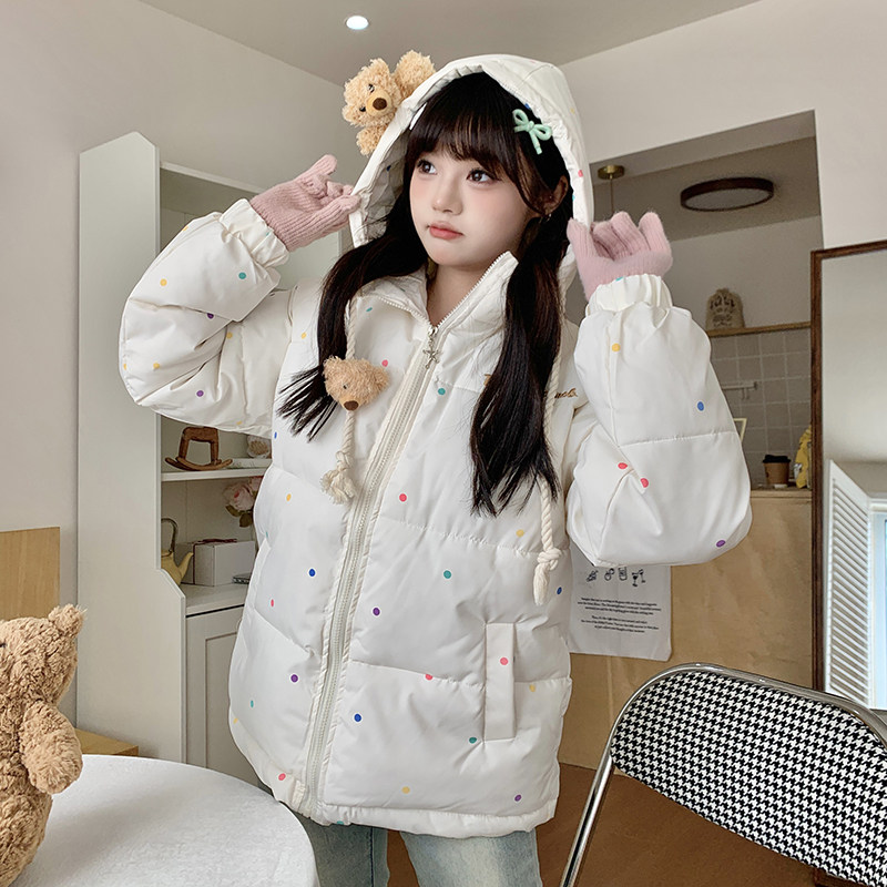 学院风波点羽绒棉服女2025新款小个子甜美可爱连帽面包服外套棉袄