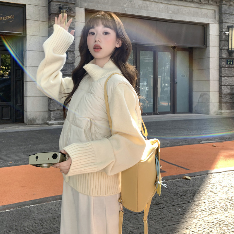 奶油泡芙针织拼接羽绒棉服女士冬季高级感修身显瘦短款棉袄外套潮