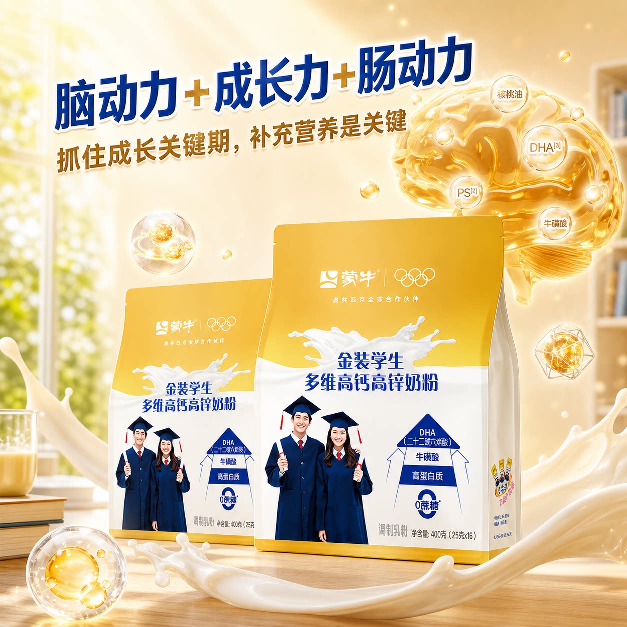 蒙牛青少年高中生金装学生多维高钙高锌奶粉400g袋装独立小包装