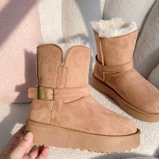 2025新款 靴子牛皮羊毛真皮毛一体 女神皮扣雪地靴两穿低帮女冬棉鞋
