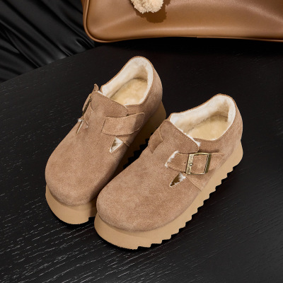 真皮厚底勃肯鞋女内增高棉鞋加绒加厚博肯鞋毛毛鞋冬天保暖雪地