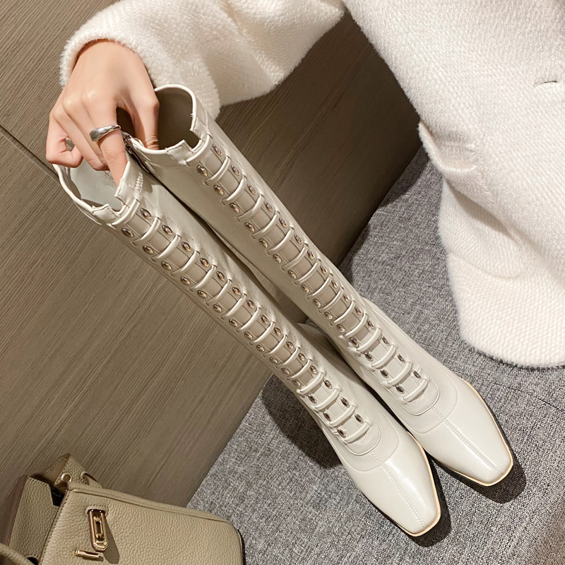 软皮方头粗高跟高跟长靴显瘦腿女绑带