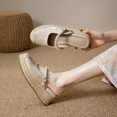 国风厚底懒人珍珠半拖草编高跟 女夏外穿新中式 26年新款 包头凉拖鞋