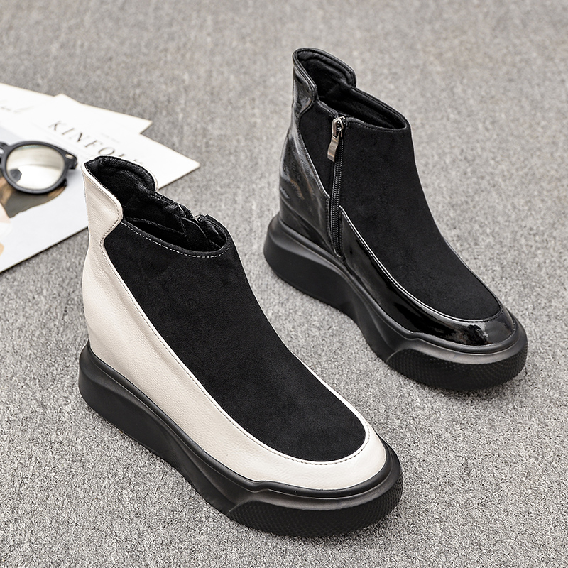 内增高短靴拼色坡跟厚底