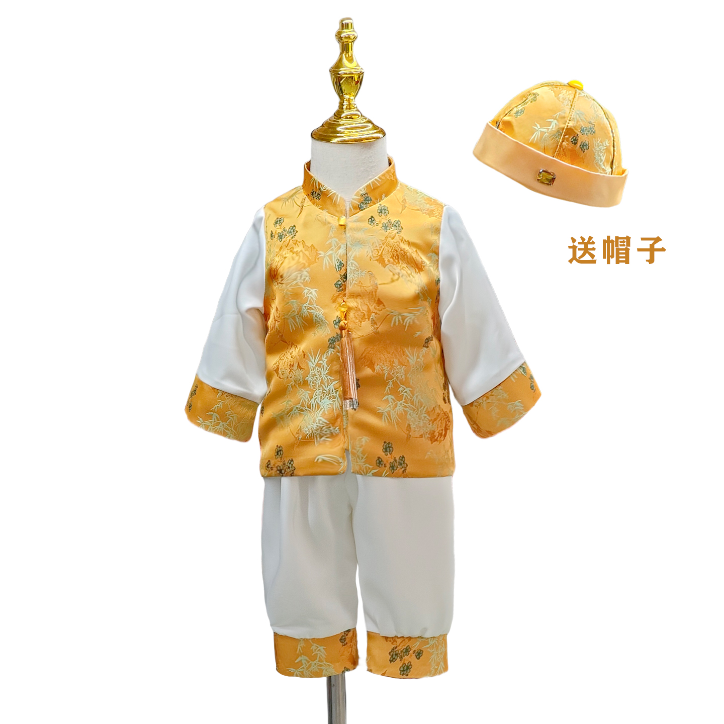 周岁男宝中式金色抓周礼服送帽
