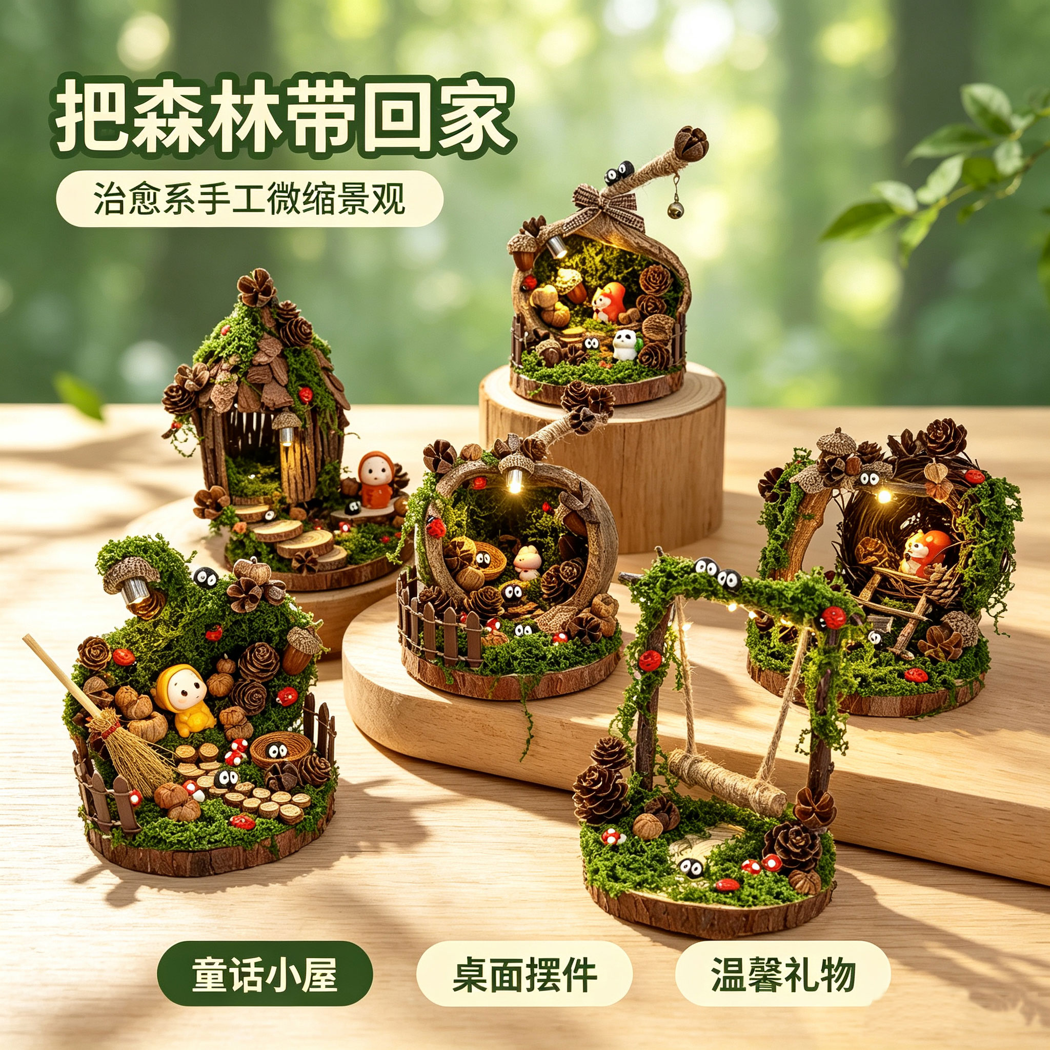 森林小屋苔藓微景观手工diy治愈系桌面摆件材料包送闺蜜朋友礼物