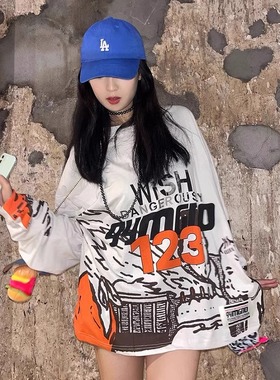 正品RRR123 TALK美式高街秋季宽松休闲人像涂鸦标语长袖T恤男女潮