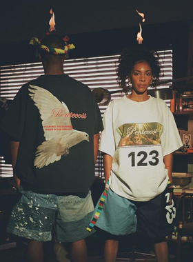 新款正品FOG联名RRR123字母宗教油画和平鸽子短袖T恤男女宽松潮牌