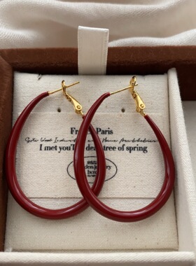 简约红色椭圆耳圈耳环滴油高级时尚百搭复古极简利落气质秋冬耳饰