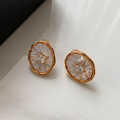 法式天然贝母锆石耳钉女轻奢小众高级感金色复古耳环耳饰2025新款