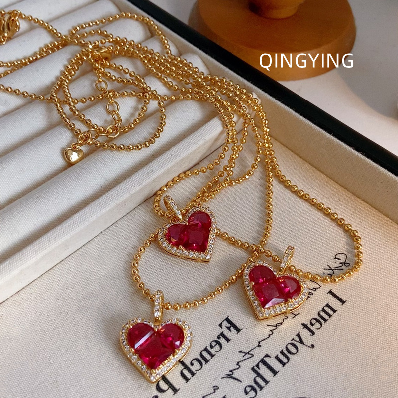 欧美时尚叠戴镶钻红宝石爱心吊坠锁骨链项链女轻奢小众高级感颈链