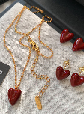 红色珐琅小红心项链女时尚百搭颈链小众设计感红色爱心吊坠锁骨链