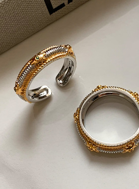 中古金银色祖母绿色钻中指食指开口戒指女可调节轻奢设计小众精致