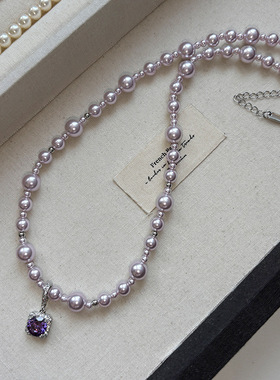 S家玫瑰紫色珍珠气泡方糖锆石吊坠项链女款高级感轻奢锁骨链颈链