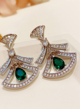 王鸥同款欧美复古祖母绿红色宝石小裙子扇形耳环项链套装镂空耳坠