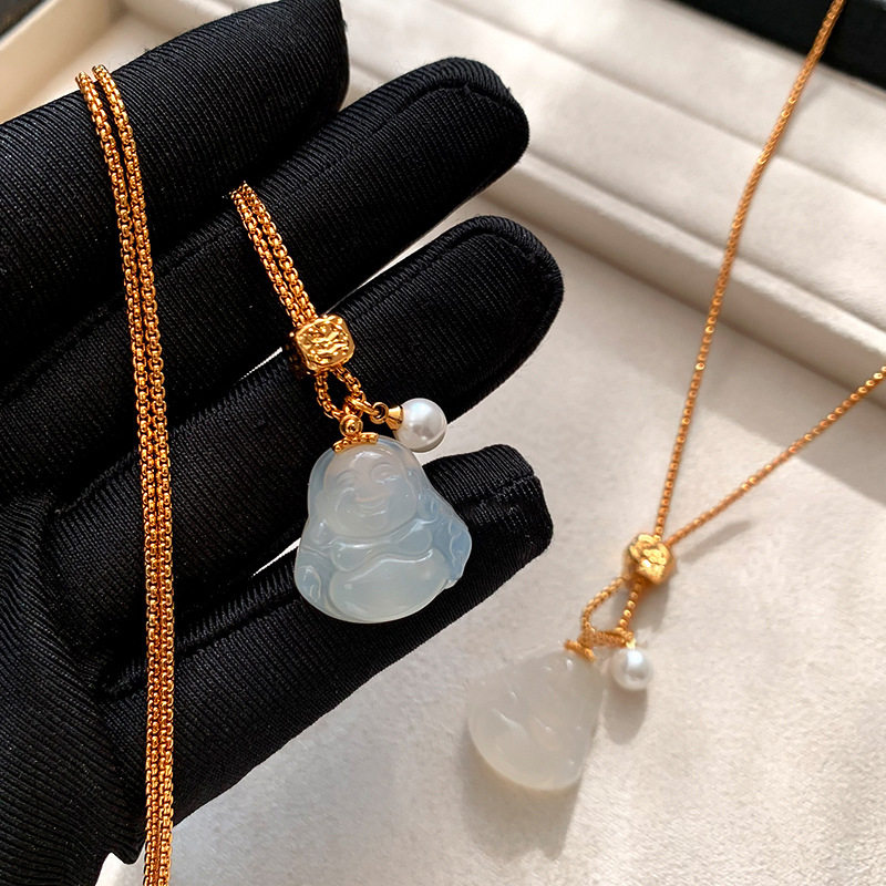天然玉石弥勒佛公吊坠白玉髓毛衣项链女款玛瑙玉佛秋冬长款锁骨链