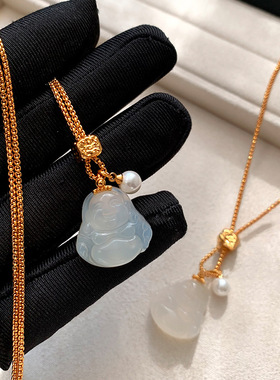 天然玉石弥勒佛公吊坠白玉髓毛衣项链女款玛瑙玉佛秋冬长款锁骨链