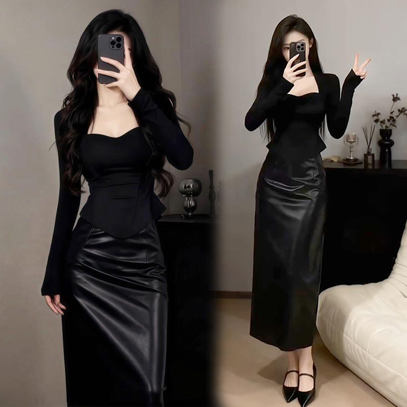 韩系辣妹方领鱼骨包臀裙套装