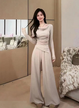 上衣搭配阔腿裤初秋装一整套装新款女装早秋穿搭韩风chic气质茶系