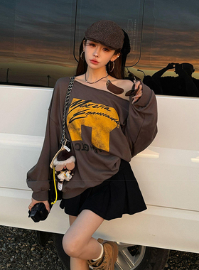 秋款百搭酷飒松弛感衣服时尚灰色黄涂鸦字母卫衣上衣短裙套装女款