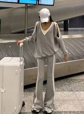 早秋露肩上衣裤子套装痞帅炸街风女装网红洋气衣服时尚百搭气质