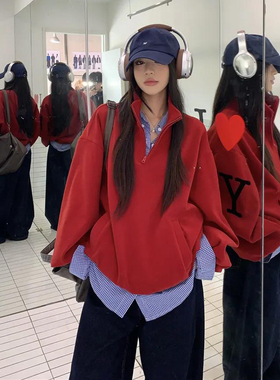 叠穿卫衣百搭衬衫两件套设计小众衣服红色系洋气衣服穿搭女装套装