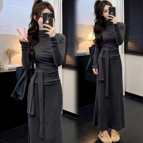 假两件半高领长裙连衣裙气质女装