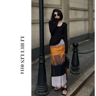 LIHUILIN 不规则晕染花边复古半身裙