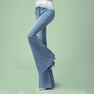 中高腰弹力显瘦鱼尾大喇叭裤 潮女装 新款 阔腿裤 女士长裤 牛仔裤 春季