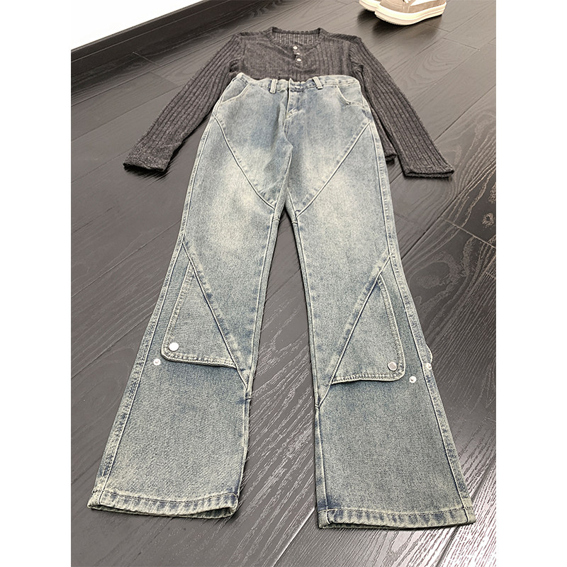A417ANK1911P55男士铆钉扣子设计牛仔裤宽松微喇裤子,男装牛仔裤,电商A417A