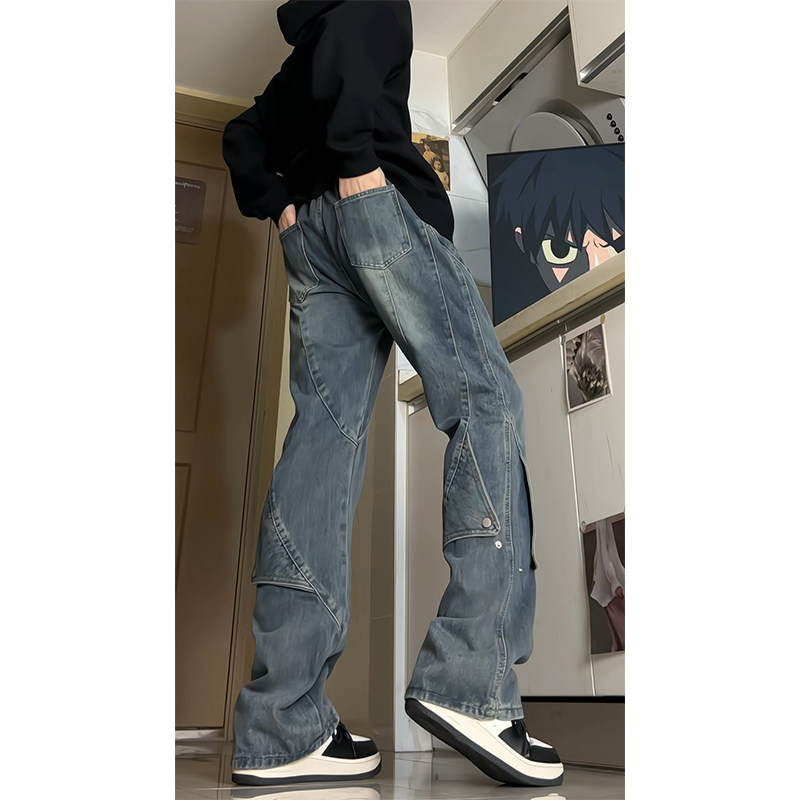 A417ANK1911P55秋季男士排扣设计宽松牛仔裤百搭拼接感裤子,男装休闲裤,电商A417A