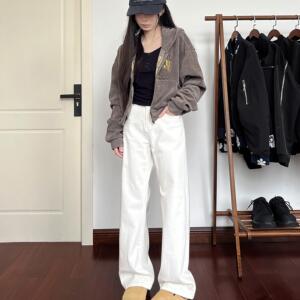 A417A NK6294-2 春季白色微喇修身牛仔裤男女百搭款休闲长裤p45图片