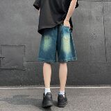 A417ADK251P45做旧复古牛仔短裤男生夏季街头直筒宽松五分中裤，男装牛仔裤，电商A417A