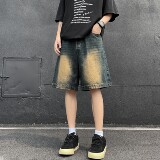 A417ADK251P45做旧复古牛仔短裤男生夏季街头直筒宽松五分中裤，男装牛仔裤，电商A417A