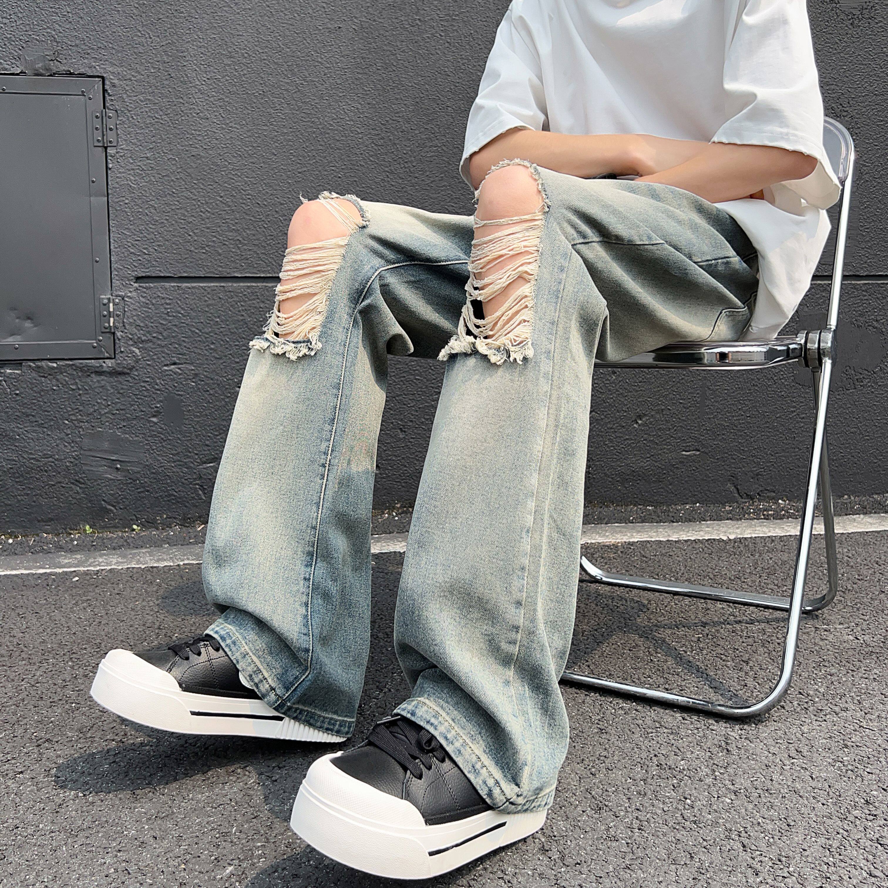 A417ANK378P55破洞牛仔裤男夏季薄款美式高街vibe裤子微喇裤,男装牛仔裤,电商A417A
