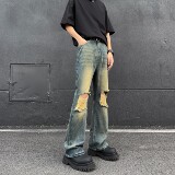 A417ANK379P55破洞牛仔裤男夏季薄款美式高街vibe裤子微喇裤，男装牛仔裤，电商A417A