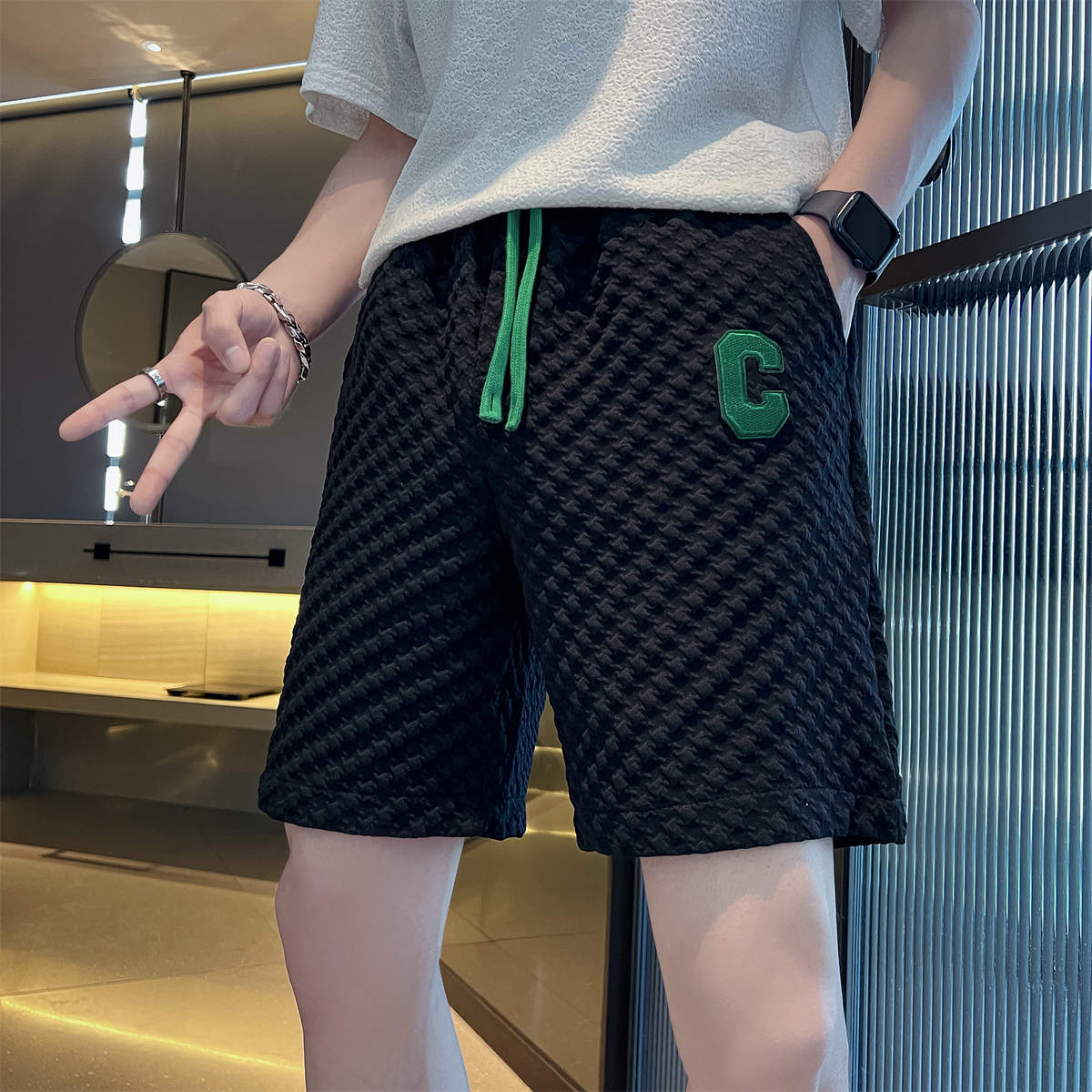 312A-2221-P4022夏季男士高级感短裤休闲运动五分裤潮流沙滩裤B,男装休闲裤,星座312A