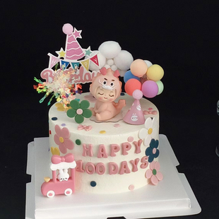 龙宝宝周岁蛋糕装 饰摆件百天啦可爱火车兔子蓝粉色彩虹城堡插件