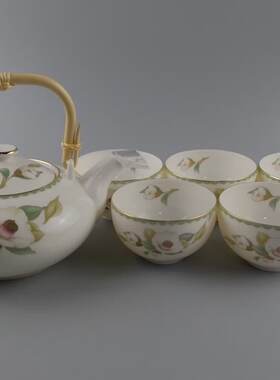 日本陶瓷茶具一套 提梁壶+茶杯6件套 骨瓷 保谷瑾制 椿系列椿花图