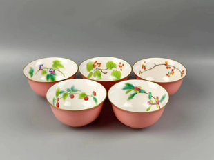 日本陶瓷茶具 茶杯5客 香兰社特制 皇室御用 金标 硕果图 带木盒