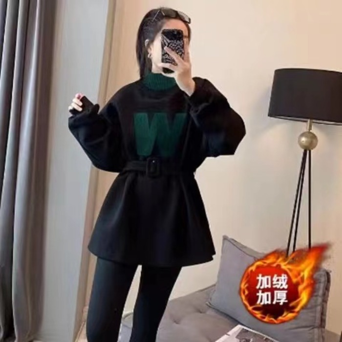 黑色针织拼接半高领卫衣女收腰加绒上衣秋冬季2024新款欧洲站欧货