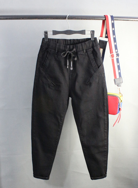 女宽松哈伦牛仔长裤小脚显瘦九分2025年秋冬弹力抽绳大码胖mm加绒