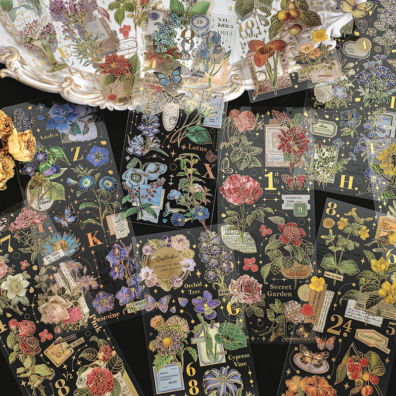 温柔良夜高颜值pet立体烫金贴纸复古植物花卉手帐diy装饰贴画
