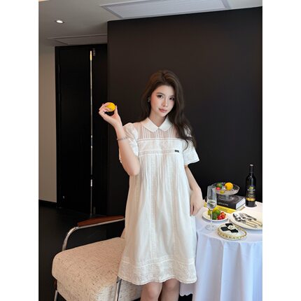 Cyuenyuen予恩/连衣裙夏季少女风蕾丝花边白色短袖娃娃领甜美减龄